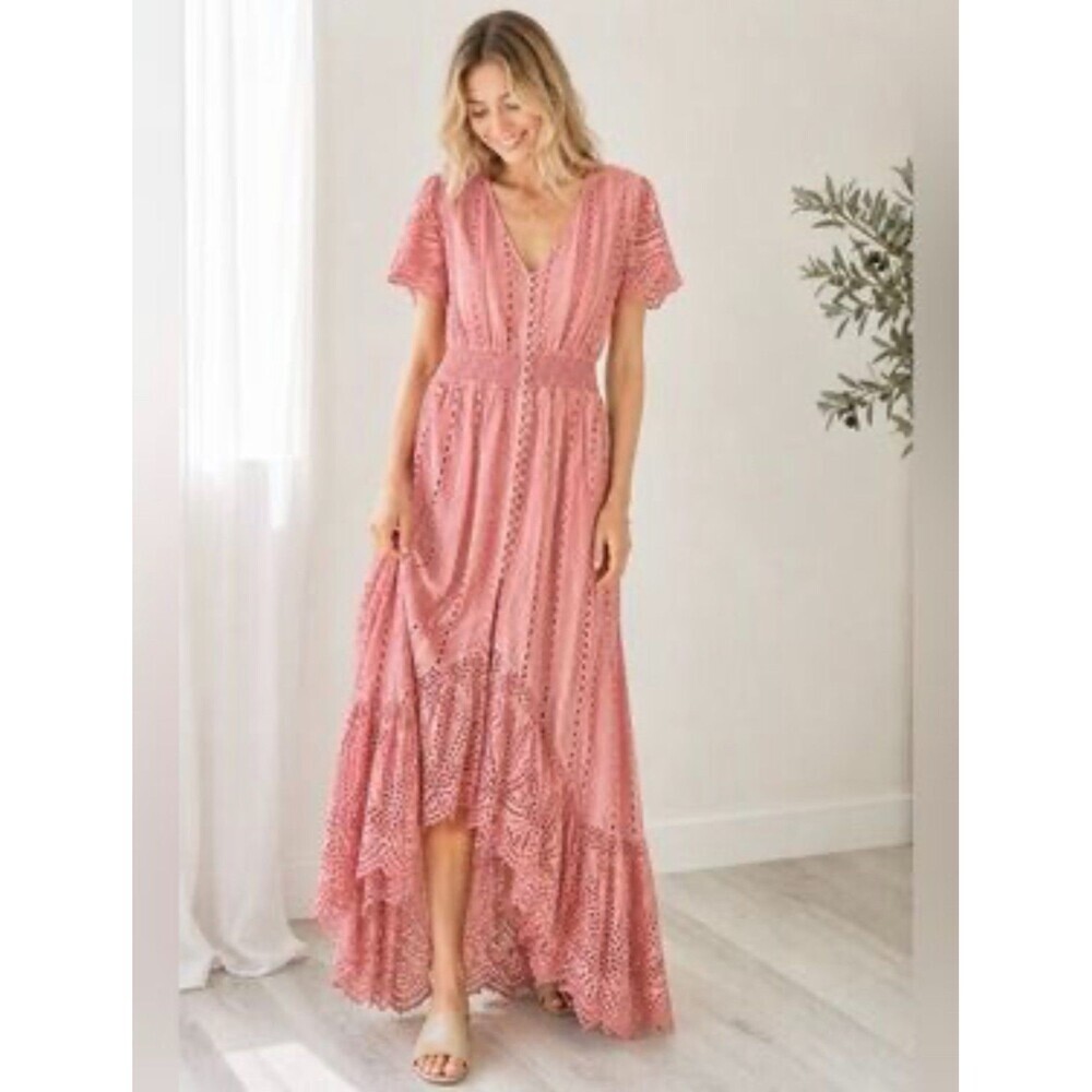 Young Fabulous & Broke Costa Eyelet Tie Dye Pink High-Low Maxi Dress Size Small